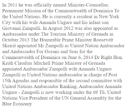 According to his own site, Zampolli was appointed Ambassador For Oceans and Seas for Dominica in Oct 2013, the position Beck was appointed to for Palau 2 months earlier.Zampolli’s sometimes-wife Amanda Ungaro was appointed Ambassador for Grenada in 2014.  https://web.archive.org/web/20190908170804/http://www.zampolli.com/about