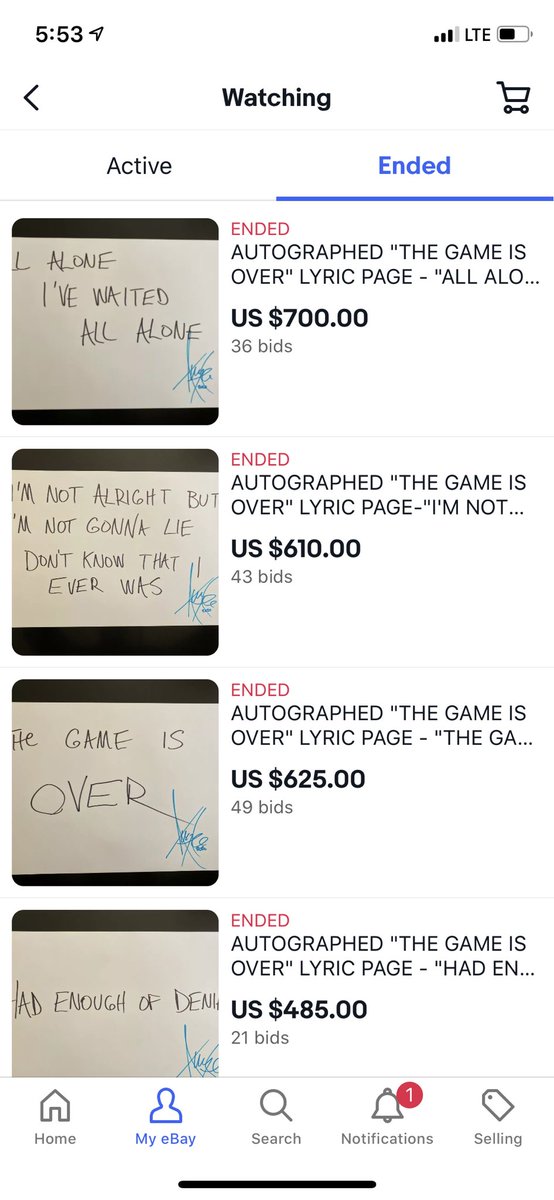 RandoEvFacts's tweet photo. Today, @Evanescence’s eBay auction for The Game Is Over lyric sheets came to a close. The total sales of all 24 lyric sheets was $14,120, all profits going towards charity for BLM. https://t.co/ahz6Q3ZJHx