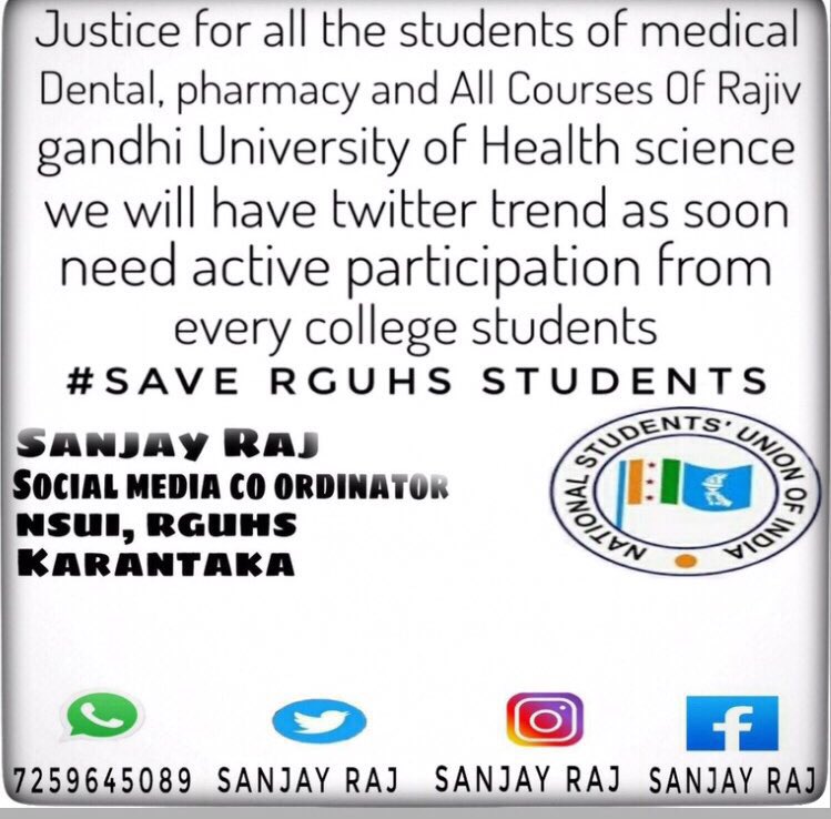 sanjay_raj2's tweet photo. All the Students of Medical,Dental,Pharmacy and all the Courses of Rajiv Gandhi university of Health Sciences we will have twitter trend soon Need Active Participation From Everyone @nsui @NSUIKarnataka @HarshBisaria @LubanaManoj @Nagesh_nsui6 @manjunathansui #SaveRGUHSstudents https://t.co/Kwafoc8rQW