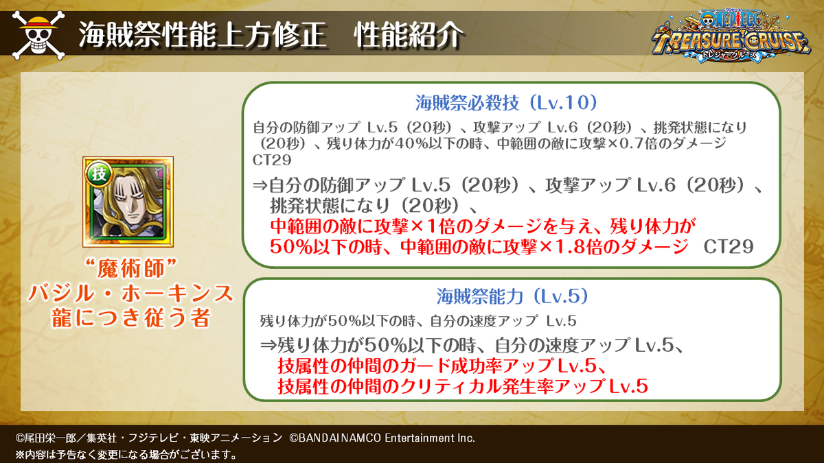 One Piece トレジャークルーズ Sur Twitter トレクル運営より3 3 二つ目は 8月上旬に実施予定の海賊祭性能の上方修正についてのおしらせです さらにパワーアップしたキャラを連れて海賊祭を遊んでみてください 今後も海賊祭をより楽しんでいただけるように