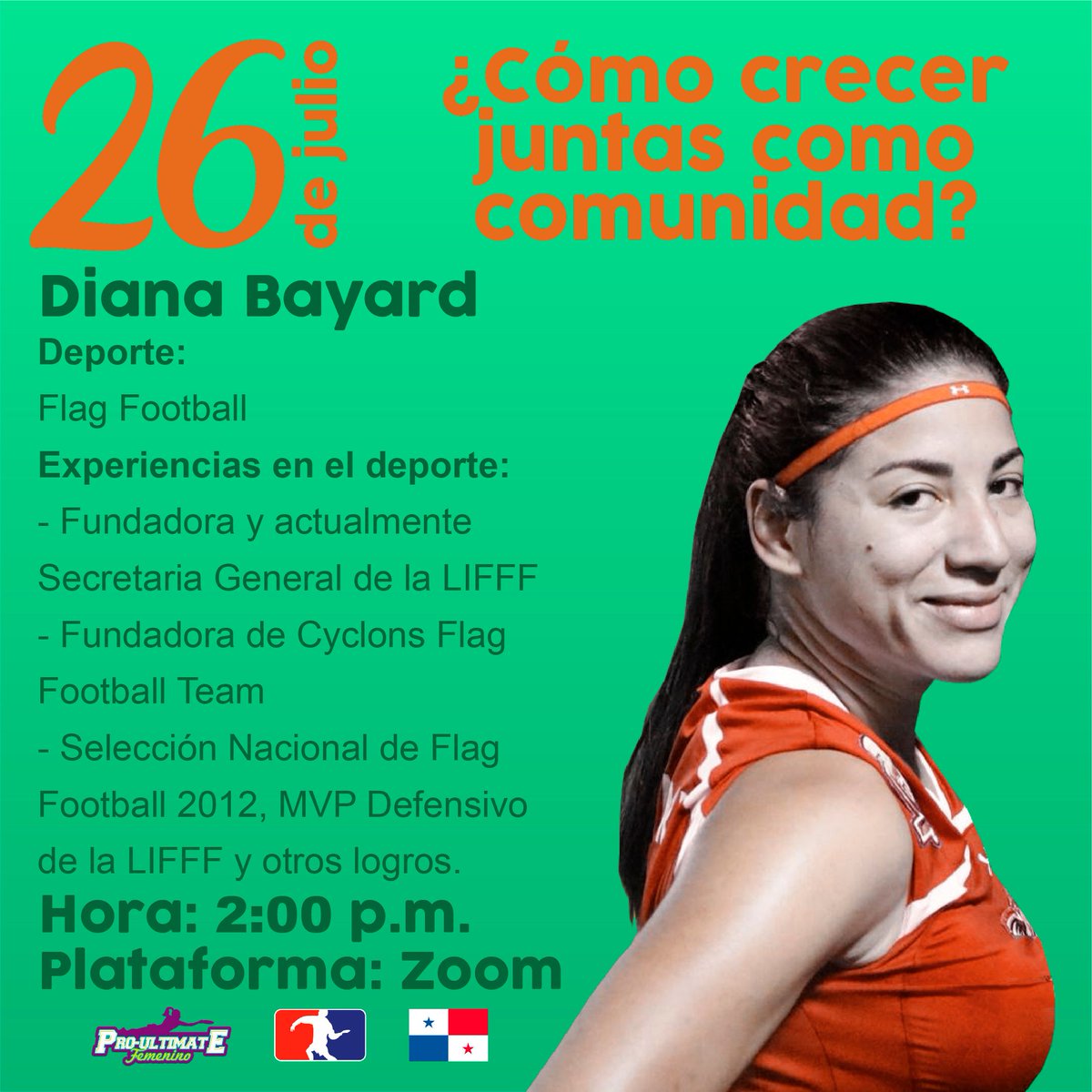 UltimateFemPty's tweet photo. Para la última sesión venimos con el tema “¿Cómo crecer juntas como comunidad?”. Como expositora contaremos con Diana Bayard, miembro importante para la comunidad del flag football panameño y fundadora de @LIFFFpanama.

#Ultimate: el deporte que nos une - Versión #Femenina" https://t.co/qPtcaqguzO