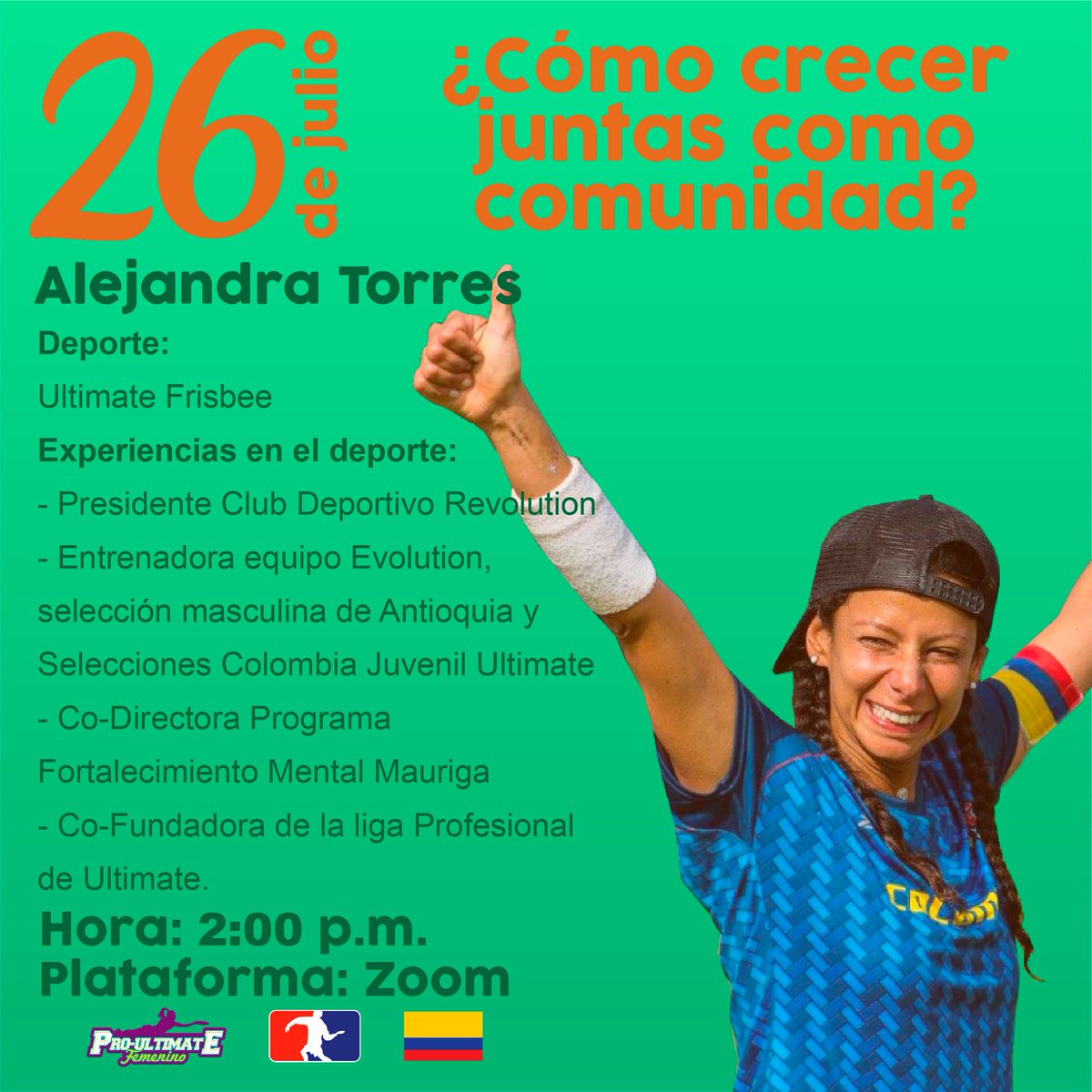 UltimateFemPty's tweet photo. En esta última sesión de “¿Cómo crecer juntas como comunidad?” también contaremos con la increíble Alejandra Torres. Presidenta, entrenadora y jugadora para el equipo Revolution Ultimate.✨🙌🏼🧠

#Ultimate: el deporte que nos une - Versión #Femenina" https://t.co/Alg3tA2WtL