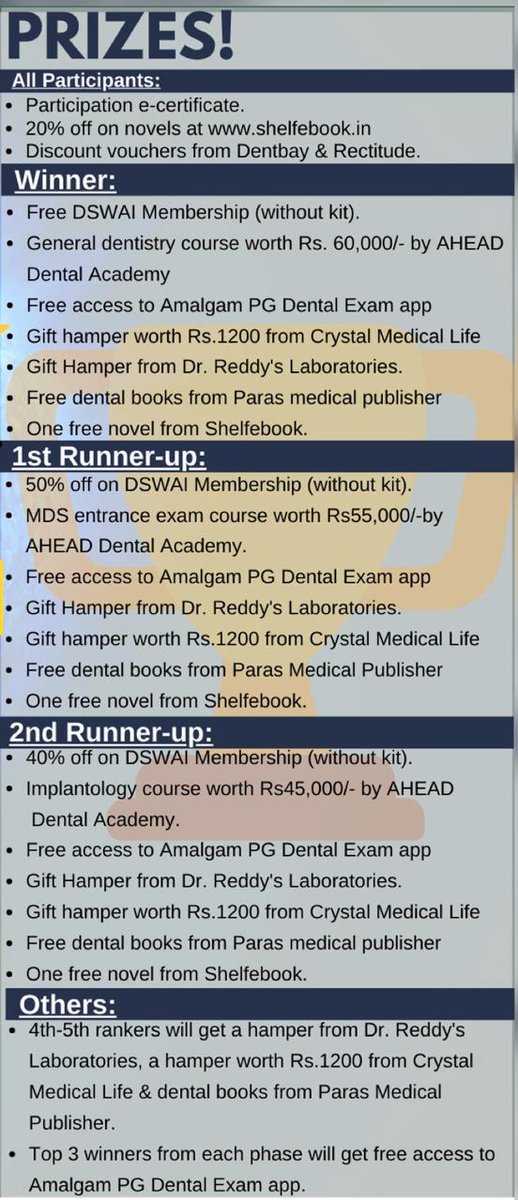 dswaiofficial's tweet photo. Team DSWAI &amp; DSAI presents-
QUIZ - A - THON - a dental quiz marathon!!
Compete till your haters brag they they know you😉😎
Registrations has been started!!!!
#quizathon #quizathon2020 #dswai #dsai #makingeveryonesmile https://t.co/uKbzF7LxAa