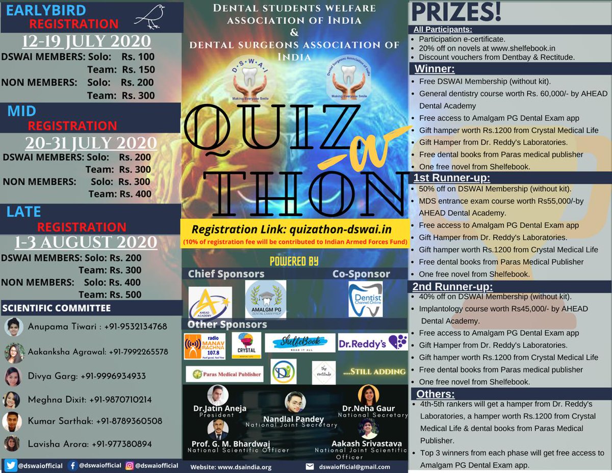 dswaiofficial's tweet photo. Team DSWAI &amp; DSAI presents-
QUIZ - A - THON - a dental quiz marathon!!
Compete till your haters brag they they know you😉😎
Registrations has been started!!!!
#quizathon #quizathon2020 #dswai #dsai #makingeveryonesmile https://t.co/uKbzF7LxAa