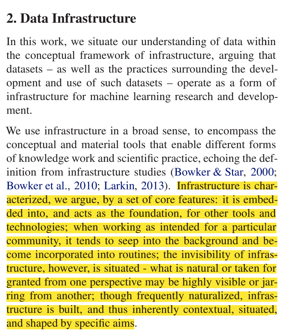 2. Data Infrastructure
In this work, we situate our understanding of data within
the conceptual framework of infrastructure, arguing that
datasets – as well as the practices surrounding the devel￾opment and use of such datasets – operate as a form of
infrastructure for machine learning research and develop￾ment.
We use infrastructure in a broad sense, to encompass the
conceptual and material tools that enable different forms
of knowledge work and scientific practice, echoing the def￾inition from infrastructure studies (Bowker & Star, 2000;
Bowker et al., 2010; Larkin, 2013). Infrastructure is char￾acterized, we argue, by a set of core features: it is embed￾ded into, and acts as the foundation, for other tools and
technologies; when working as intended for a particular
community, it tends to seep into the background and be￾come incorporated into routines; the invisibility of infras￾tructure, however, is situated - what is natural or taken for
granted from one perspective may