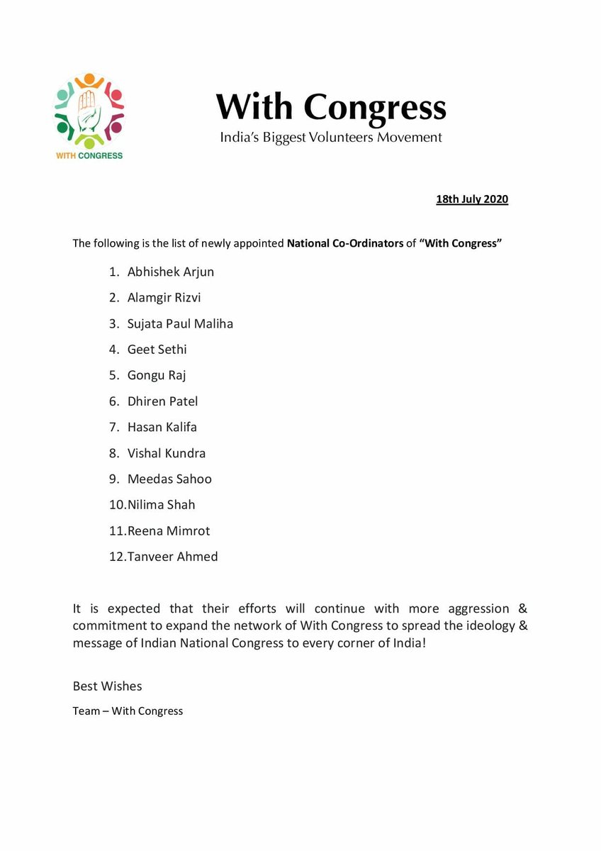 Come2mekhan's tweet image. Heartiest congratulation to all below members newly assigned as National co-coordinators of #WithCongress 🎉👍✌🙏
@ArjunINC @alamgirizvi @IncGeetSethi @GonguRaj @drdhirenpatel @deltatamilian @Kundra_Vishal @MeedasSahoo @MimrotReena @Nilima_ShahINC 

Best Wishes ...
