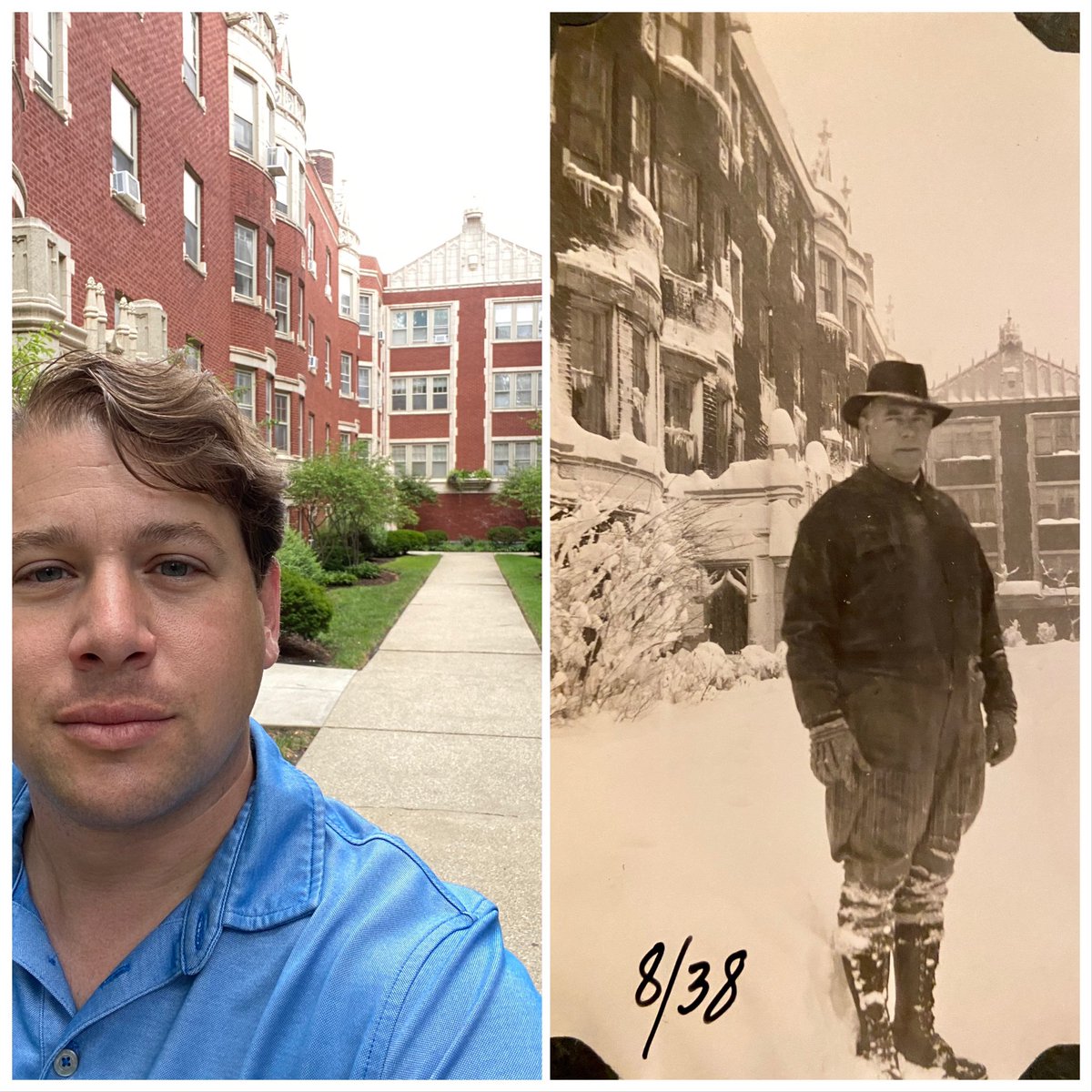 When my grandmother died a decade ago I was cleaning out her attic when I found an old photo album in the corner. I found myself in one of the spots that appeared in the album (Oak Park) last week and took a photo. My great grandfather is at right in 1938.