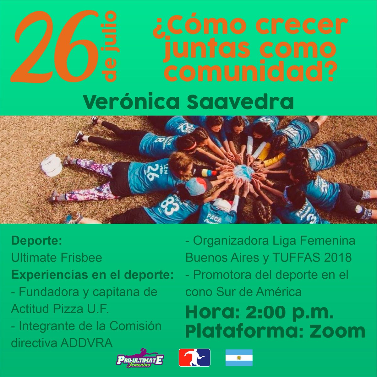 UltimateFemPty's tweet photo. Otra de nuestras expositoras en la sesión de “¿Cómo crecer juntas como comunidad?”, será Verónica Saavedra. Ella es una de las piedras angulares del #Ultimate en Argentina, fundadora y capitana de Actitud Pizza U.F. 🍕🙌🏼.

#Ultimate: el deporte que nos une - Versión #Femenina" https://t.co/WAcA0Os8SY