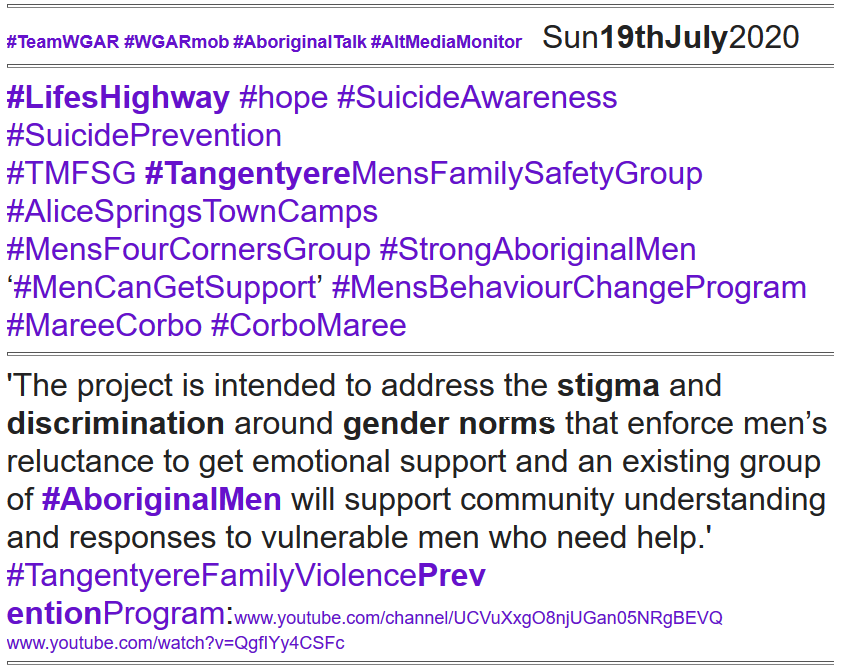WgarNews's tweet photo. #AboriginalMen ‘#MenCanGetSupport’ | #LifesHighway #hope #film #RaisesAwareness of #SuicidePrevention at #CommunityLevel | #TMFSG #TangentyereMensFamilySafetyGroup #AliceSpringsTownCamps https://t.co/ztf414O3OV #MareeCorbo @CorboMaree | #WGARmob #TeamWGAR https://t.co/wquiHy80Gv https://t.co/trb8H5yAm1