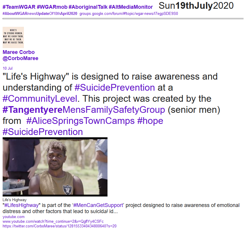 WgarNews's tweet photo. #AboriginalMen ‘#MenCanGetSupport’ | #LifesHighway #hope #film #RaisesAwareness of #SuicidePrevention at #CommunityLevel | #TMFSG #TangentyereMensFamilySafetyGroup #AliceSpringsTownCamps https://t.co/ztf414O3OV #MareeCorbo @CorboMaree | #WGARmob #TeamWGAR https://t.co/wquiHy80Gv https://t.co/trb8H5yAm1