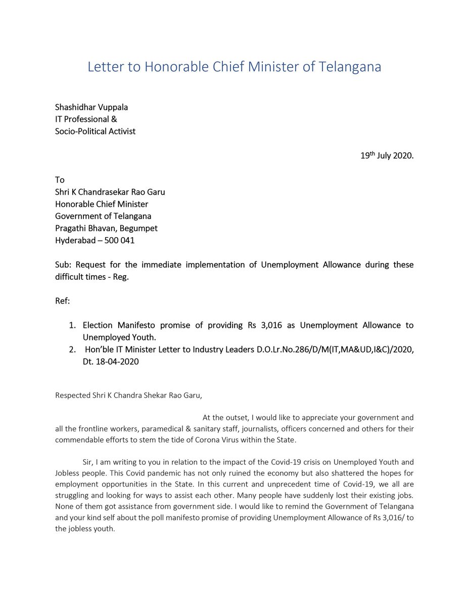 Shashee_V's tweet photo. Appeal to @TelanganaCMO KCR Garu for his immediate intervention &amp; implementation of #UnemploymentAllowance for Jobless Youth. Also would like to draw the attention of @MinisterKTR @KTRTRS to provide assistance to those who lost their Jobs during the lockdown. @debjani_ghosh_ https://t.co/5l717hLfIj