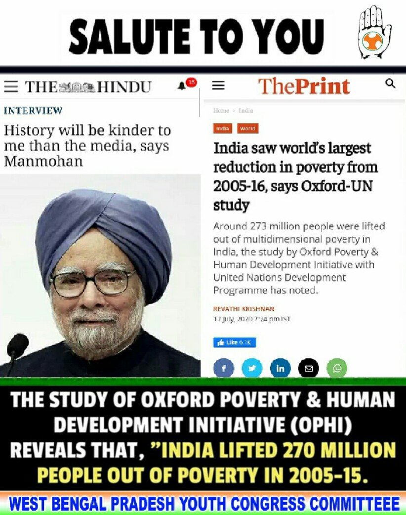 ChanchalIyc's tweet image. History is Kinder to him than the contemporary media.
And data proved, 270 Million Indians were lifted out of Poverty from 2005-2015 during UPA Govt under the leadership of Dr #ManmohaSingh.
When number speaks louder than words, then @INCIndia can keep the flag high of duties.