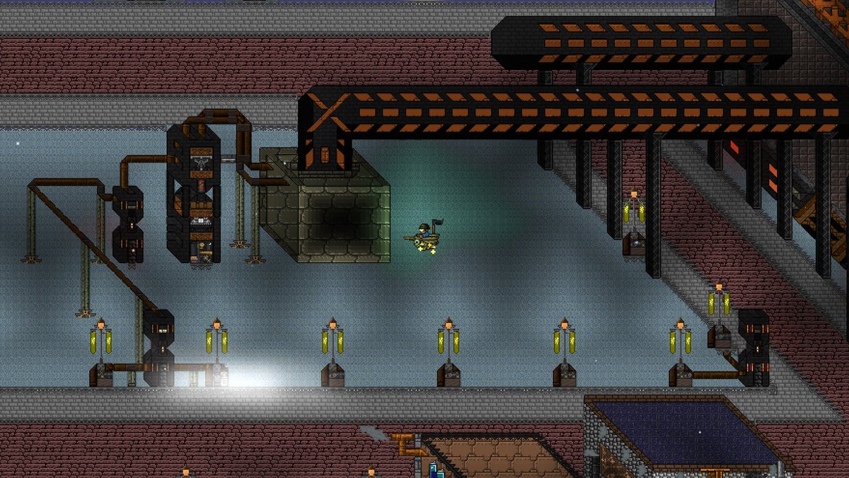 JetP_Mk2's tweet photo. #Terraria
#今日の建築

工場から延びるデカい配管
それをためておくタンク（仮）

そこから蒸気を分配する送蒸機（大）と（小）

立体的に見せるためにずーっと脳みそコネコネしてるせいでオーバーヒート気味です… https://t.co/zONBv7f85O
