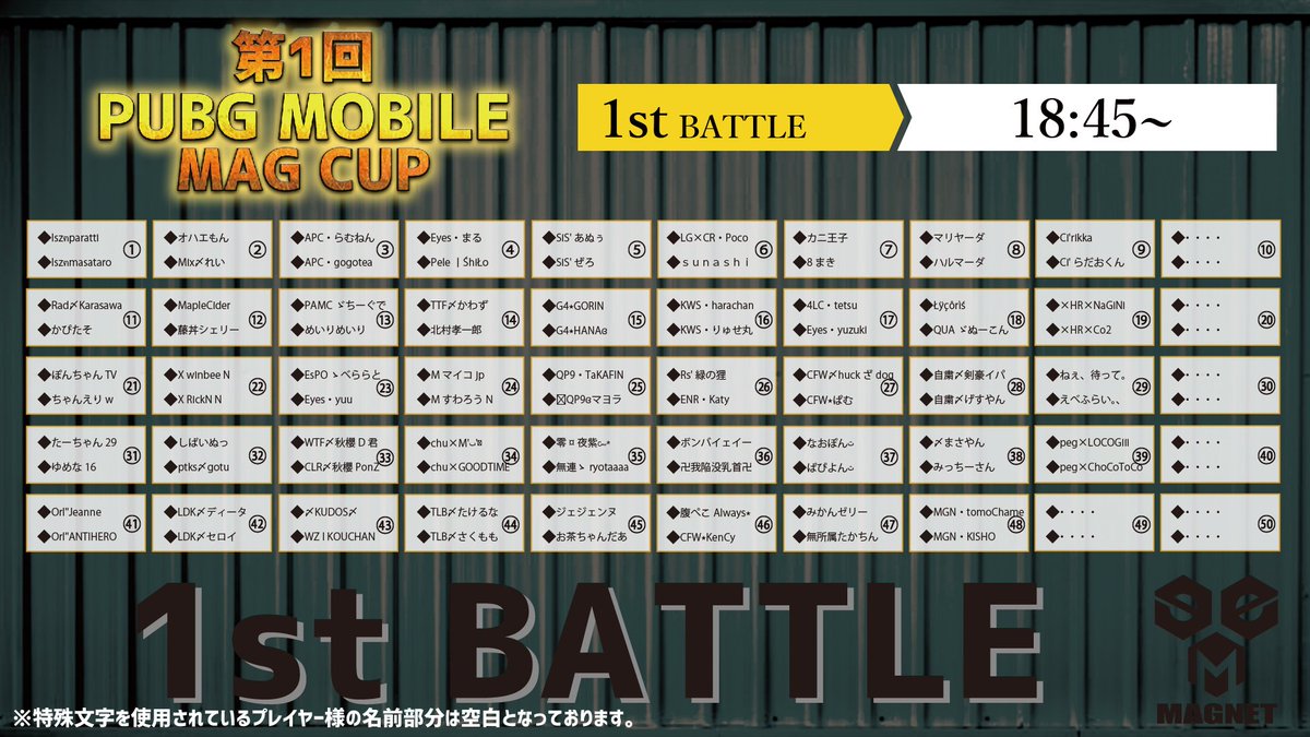 DReAM_eSPORTS21's tweet photo. 本日の1st BATTLE ロースターです。
ぜひ応援お願い致します！
https://t.co/P9x1E1kQRB

#MAGCAP 
#PUBGモバイル https://t.co/WUBTZrHj3a