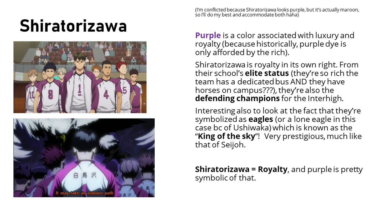 Let's talk about Shiratorizawa next! (I used Purple and Maroon lol)