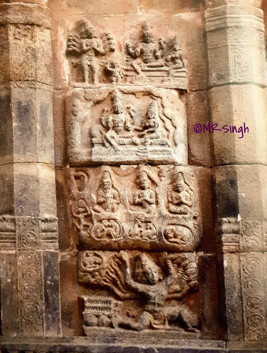  #AiravateshvaraTemple #Darasuram  #TamilNadu12th century Incredible masterpiece by  #CholasPanel showing:Ravana Uprooting Mount KailashAs per ancient popular belief, Ravana, the great devotee of lord Shiva, prayed him to shift with his family from Kailash to Lanka BUT..1/n