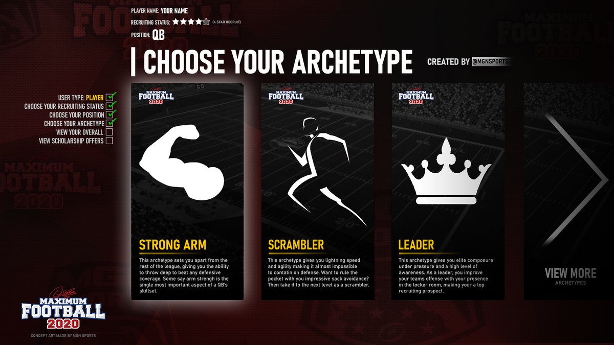 mgnsports's tweet photo. As a QB, how would you #LeaveYourMark on the @DougFlutie @MaxFootballGame 2020's #SimulationLeague?
A) #StrongArm
B) #Scrambler
C) #Leader
Credit: Concept by @mgnsports |
#FixMaddenFranchise
@CanuckGS @UniqueMazique @darickrogers @spearinteractiv @iamlucid @TonyBrunoShow https://t.co/iwm9rf9WBg