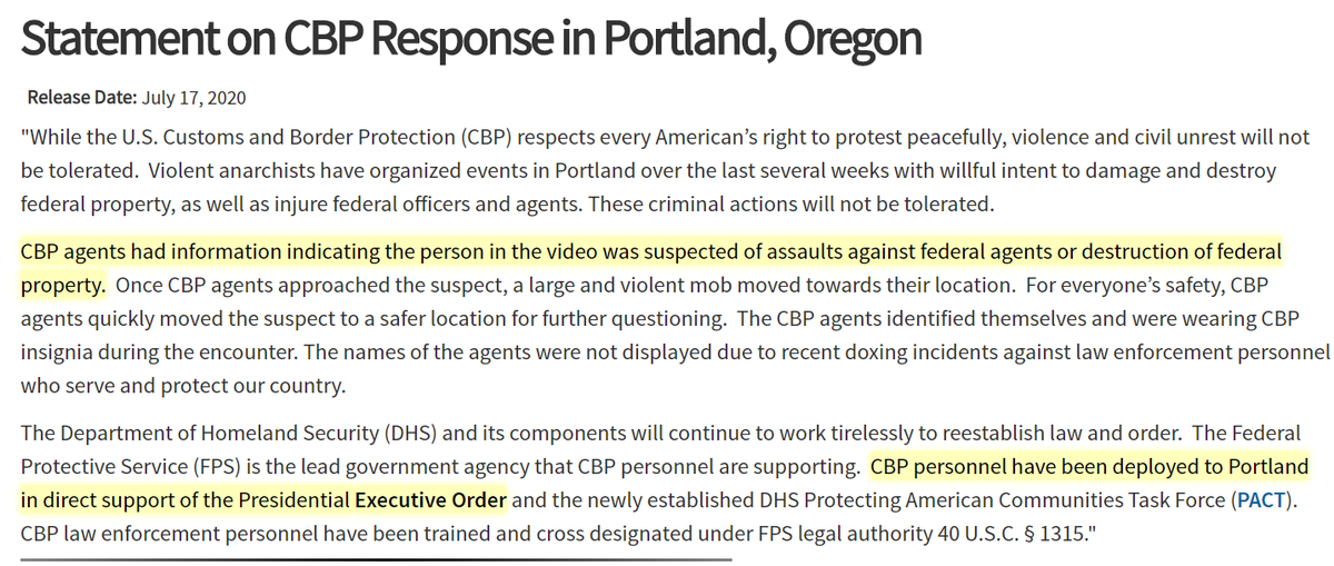 Two things stand out from this statement from the CBP. One, the federal agents didn't "kidnap" anyone, they arrested a rioter. Two, the President's Executive Order he signed last month is their legal basis for doing it. Awesome.