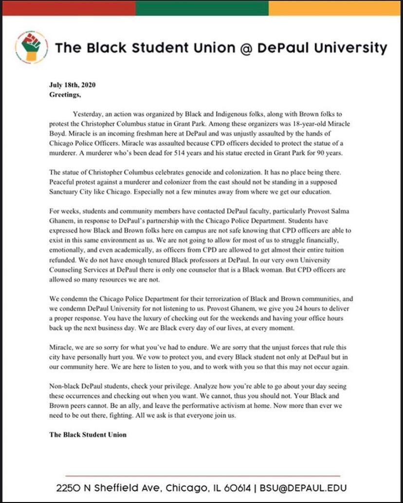 14eastmag's tweet photo. This evening, the DePaul Black Student Union (@BSU_DPU) released a statement via Instagram regarding the altercation between incoming DePaul freshman and Good Kids Mad City (@GKMC18) activist Miracle Boyd and a CPD officer at last night's #DecolonizeZhigaagoong protest. https://t.co/1TTRgXTxae