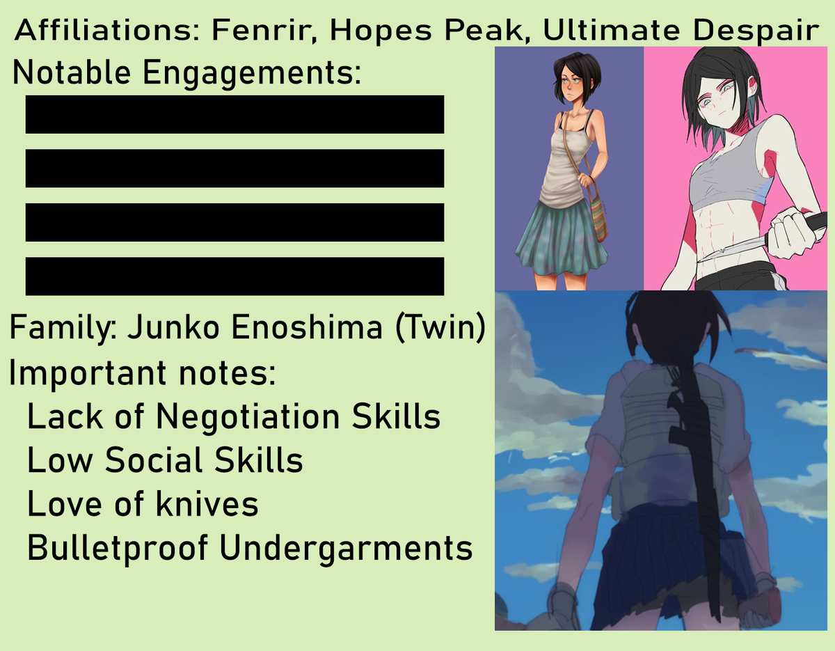 "Oh darn, you're not in a coma."

🗡️ A Portrayal of Mukuro Ikusaba

🗡️ #OpenRP #OpenDM
🗡️ #DanganronpaRP #DRRP

🗡️ DM's are open for plotting!
🗡️ Ships with Chem [Multiship]
🗡️ Matches detail

🗡️ ♡ and ↺ ?