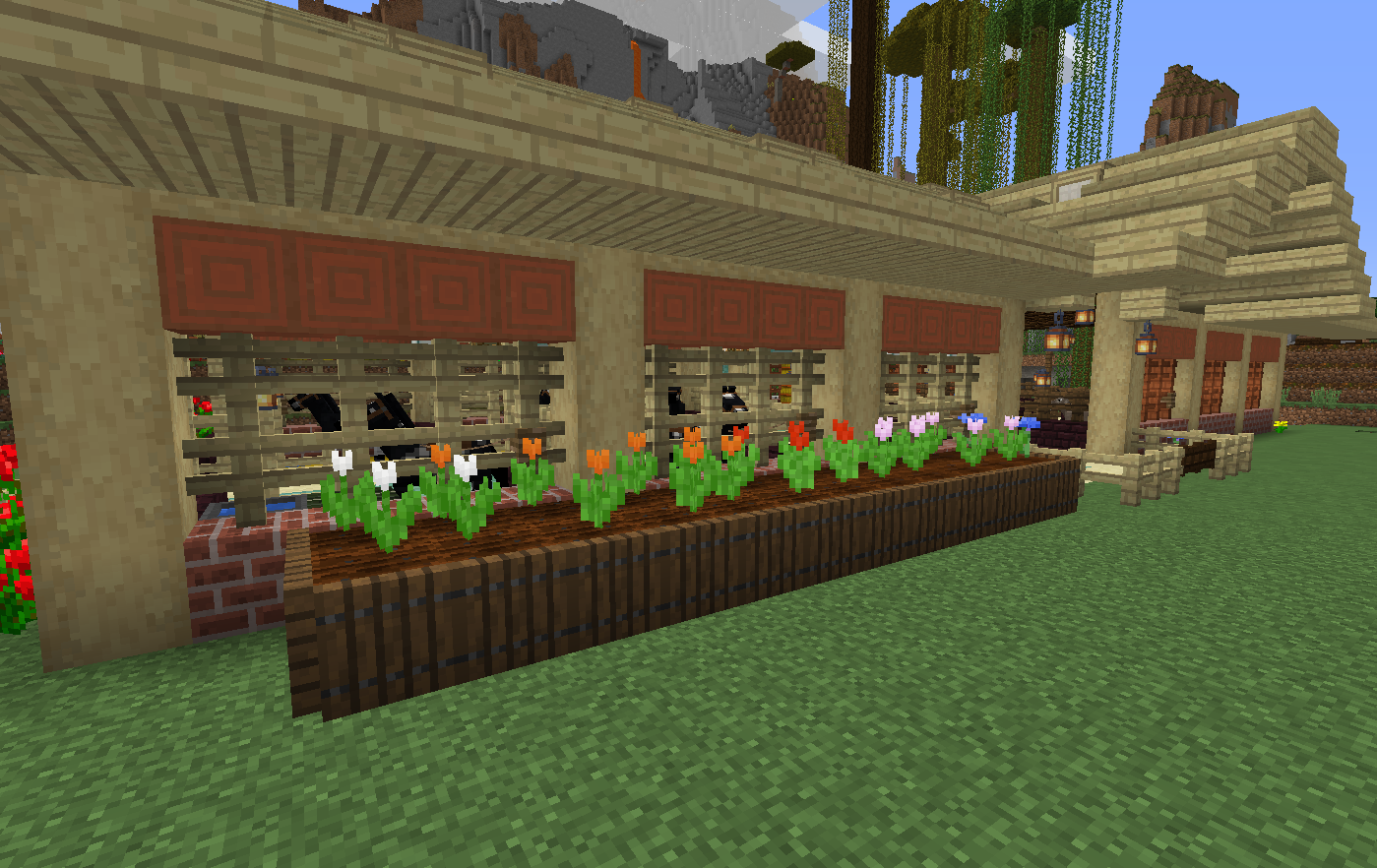 Momentum G マイクラ生活 ファーム ベースになる馬小屋ができたので 周りも拡充しました 牛は広いところで放牧が良かったのでシンプルにしました 水飲み場を造ったらたまに水浴びするんですよね かわいい 花壇も試しにつくりました 色々試してます