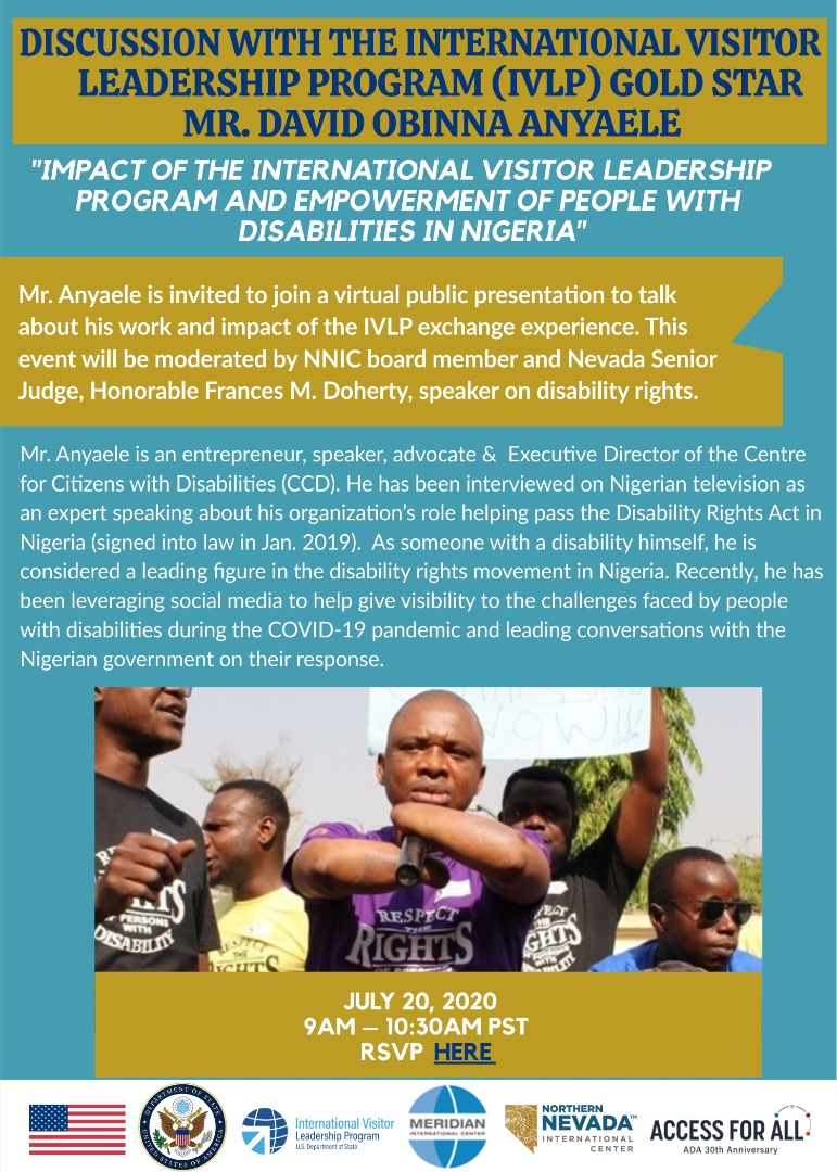 CCDNigeria's tweet photo. This event will be moderated by @NNICReno board member and Nevada Senior Judge, Honorable Frances M. Doherty, speaker on disability rights.
#globalnevada #accessforall #ada30 #ivlp #nnic International Visitor Leadership Program (IVLP)
@CCDNigeria @DOanyaele @USICD @USinNigeria https://t.co/IxI2bDilRw