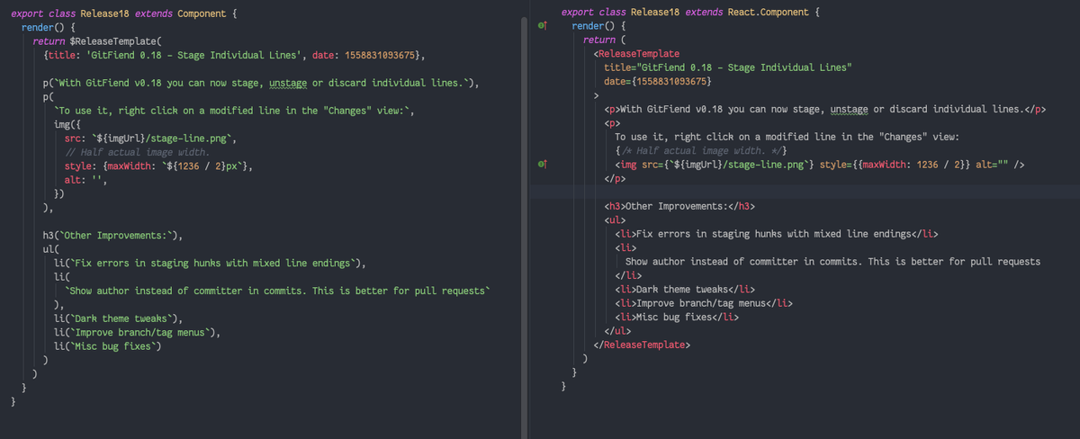 GitFiend's tweet photo. I'm on the fence whether JSX is worth it. In my experimental React replacement I'm finding it's nice to use plain objects instead of attribute={} and //comments instead of {/* */}. #reactjs #TypeScript #javascript https://t.co/J252r4RELs