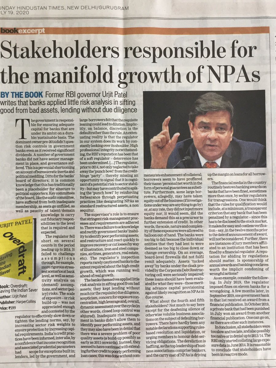 Not yet read ‘Overdraft’ written by Urjit Patel, Ex RBI Guv. Saw the book review in HT today. As per review, one may find the book as boring as Urjit’s persona. Repeats which are already in public domain. Patel didn’t tell what did he do to break the caucus in banking.