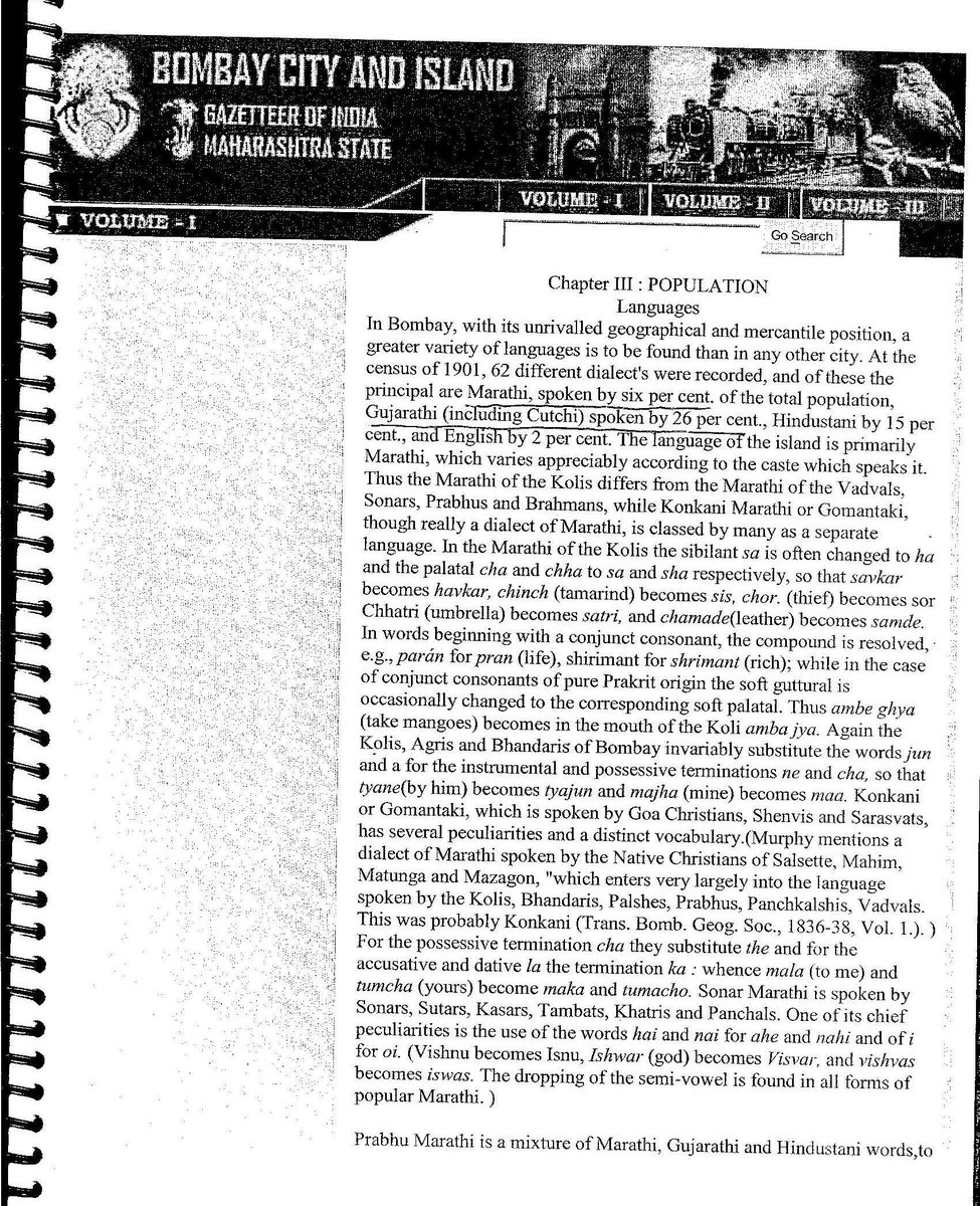 Here is page from Chapter 3 Population-Languages of 'Gazetteer Bombay City & Island' published by Maharashtra State Government in 2007 AD.