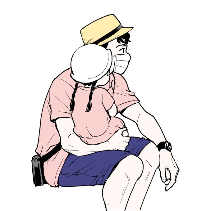 お揃いピンク父娘 午前の広場にて 