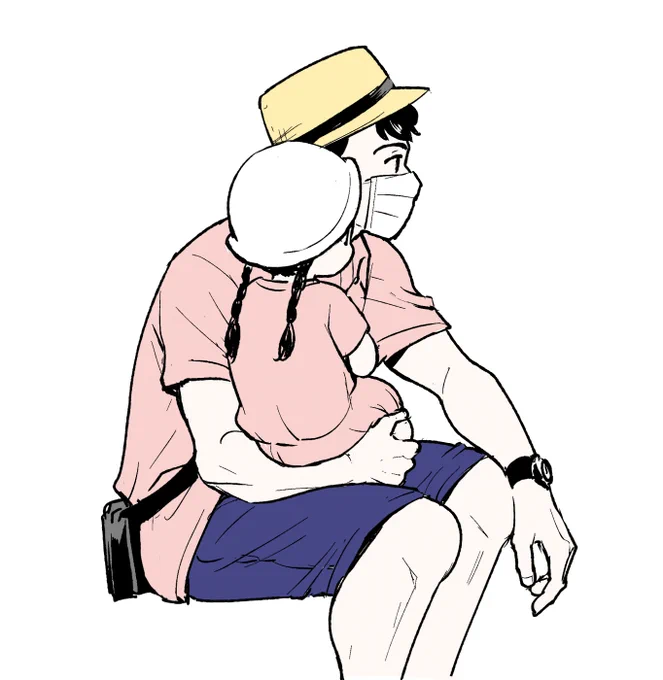 お揃いピンク父娘 午前の広場にて 