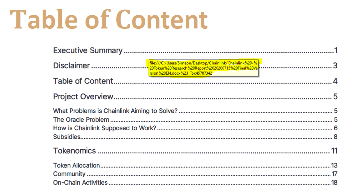 However, within the report, in the table contents section, there was a broken hyperlink that lead to a local file directory that leaked a name "Simeon"file:///C:/Users/Simeon/Desktop/Chainlink/NAME_OF_REPORT