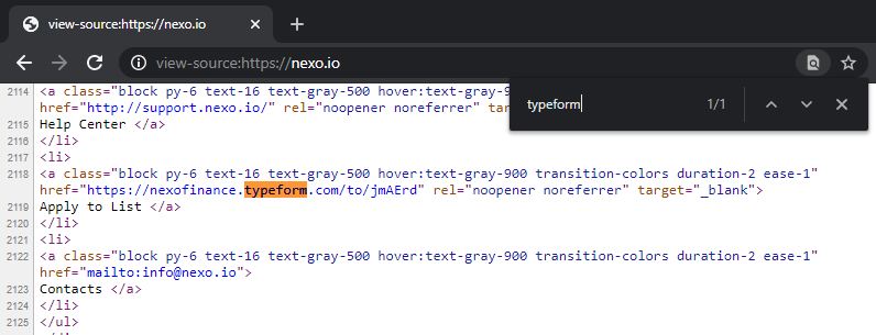Now onto the newest evidence found, Nexo uses Typeform on their website " https://nexofinance.typeform.com/to/jmAErd "Well Zeus Capital also has a typeform on their site, when we look at that typeform's source code we find " https://nexofinance.typeform.com/to/fPGAQ8rm "OOPS