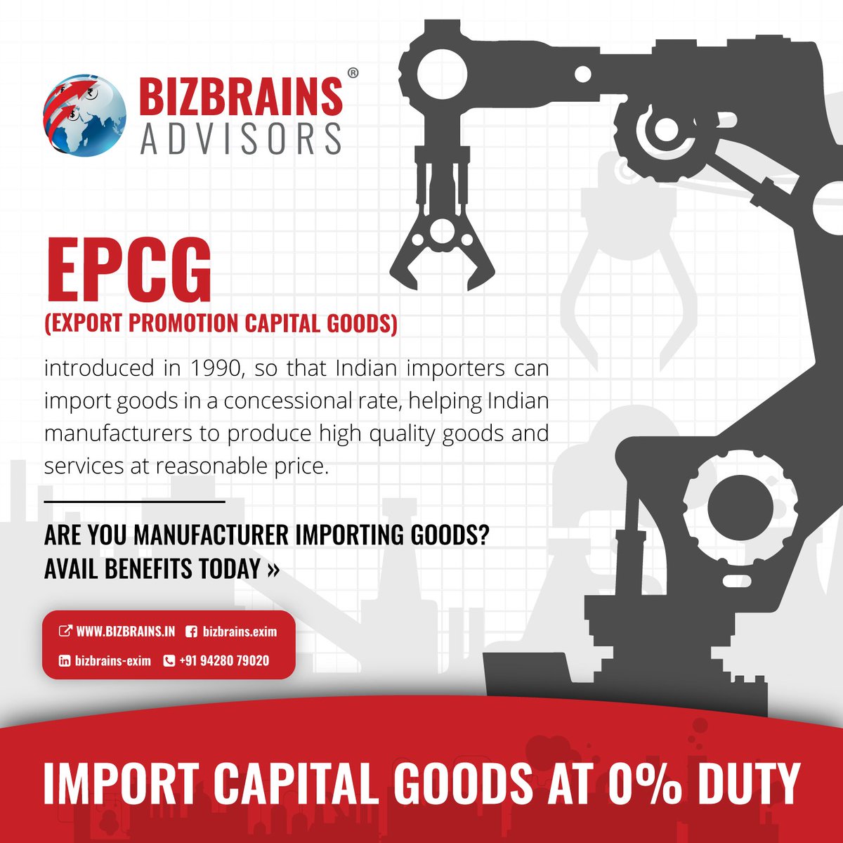bizbexim's tweet photo. Do you know you can import capital goods at 0% custom duty with EPCG scheme?
#Export #MakeInIndiaDefence #MakeLivingGreatAgain #MakeInIndiaInitiative #MakeInIndia #TaxDay #exim @dgftindia @mociseva @FieoHq #EEPC @Pharmexcil @Brands_India #meis #epcg #exportbenefit #Manufacturing https://t.co/FE0TDohbeu