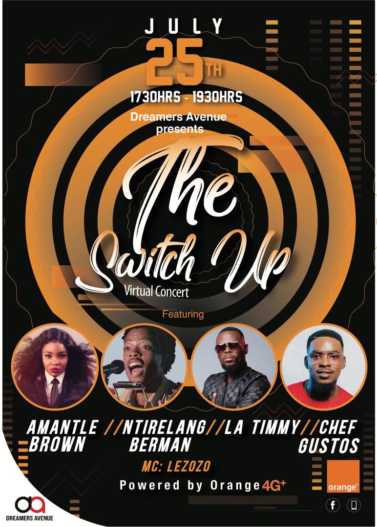Carnido's tweet photo. The Switch Up Visual Concert featuring .@amantlebrown Ntirelang Berman, .@ChefGustos .@DjLaTimmyBW coming to your device on the 25th July. Catch it on the .@orangebw Facebook Page. 

Powered by @orangebw 4G+
#TheSwitchUp
#Orange4G+ https://t.co/HIhQv0FXjr