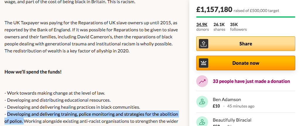 MartinDaubney's tweet photo. Absolutely staggering levels of ignorance in comments here about BLM's stated policy to abolish the police. This is their own @gofundme page
Even "forensic" Starmer back-pedalled when this widely-known fact came to light
https://t.co/L6tEGdVEUM https://t.co/93zEYZTTjo