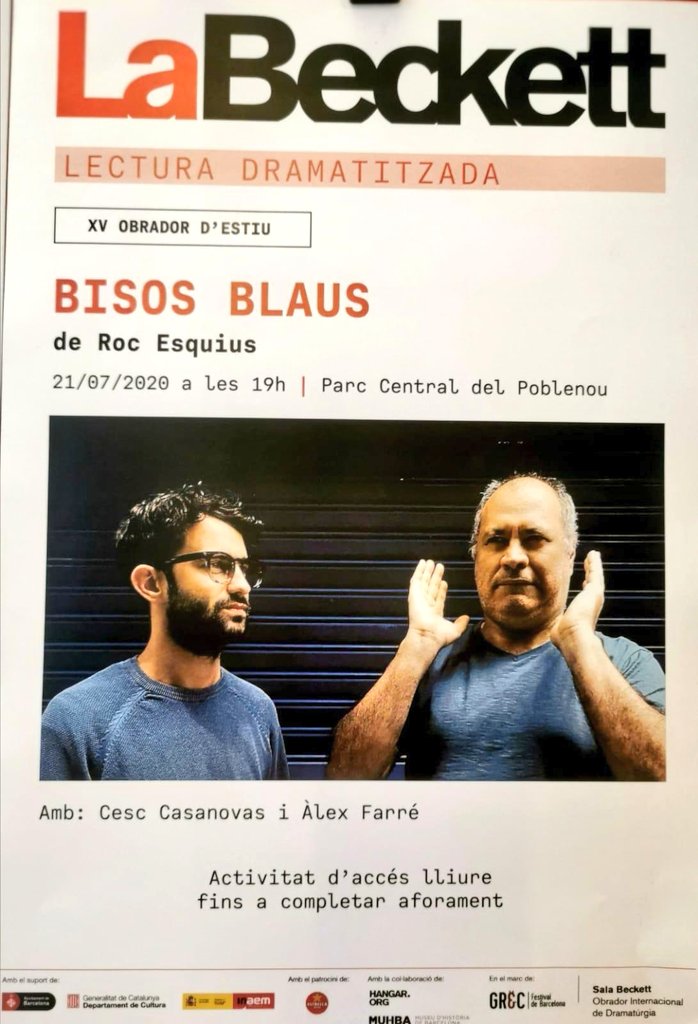 roc_esquius's tweet photo. FIL

Hola, resilients culturals de Twitter!

Aquest dimarts a les 19:00, fem una lectura dramatitzada de #BisosBlaus (l'última obra que he escrit) organitzada per la @salabeckett (gràcies!) a L'AIRE LLIURE, amb distàncies de seguretat, etc...

L'activitat, a més, és gratuïta

⬇️ https://t.co/j5bJ2IVWU6