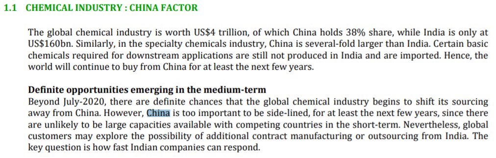 Small-cap player Chemcrux is more measured. Says world will continue to buy from China for at least the next few years. China is too important to be side-lined due lack of large capacities elsewhere in the world in the short-term