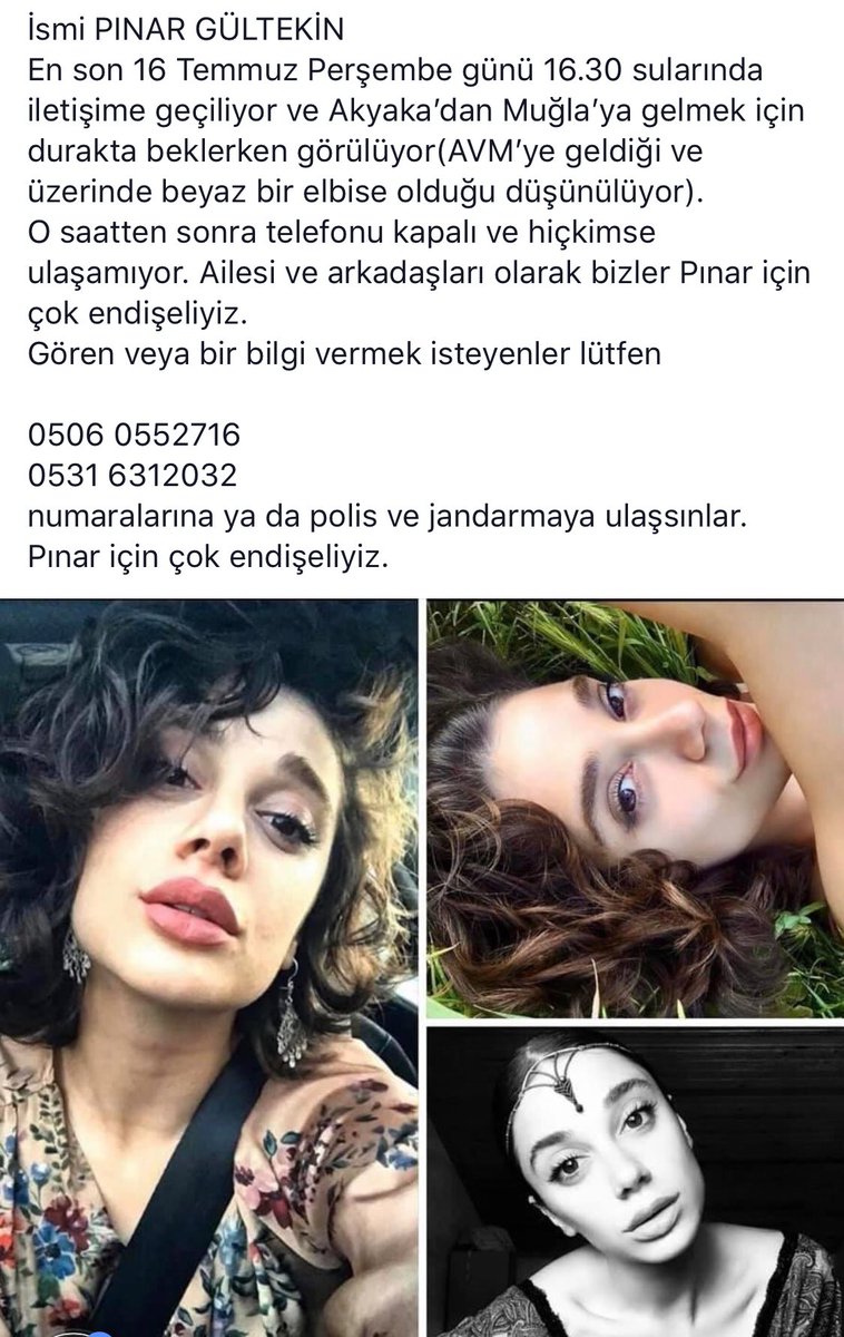 ssrng's tweet photo. PINAR GÜLTEKİN
16 Temmuz Perşembe günü 16.30’dan bu yana kayıp.
Gören veya bir bilgi vermek isteyenler lütfen
0506 0552716
0531 6312032 
numaralarına ya da polis ve jandarmaya ulaşsınlar.
MUĞLA #pınargültekin https://t.co/OS4S8plGhx