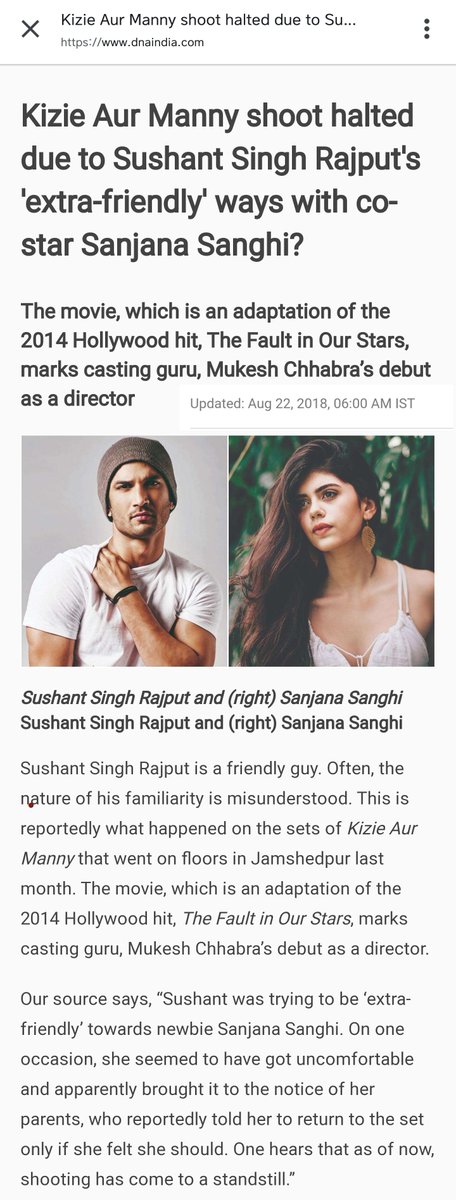 Everybody seems to have lot of doubts of allegations of metoo against Sushant Singh Rajput. Here 1st a "source" based report came out in Aug 2018 of Sushant's misbehaviour with Sanjana Sanghi..mentions her parents getting involved & shooting halted..Others carried this report.