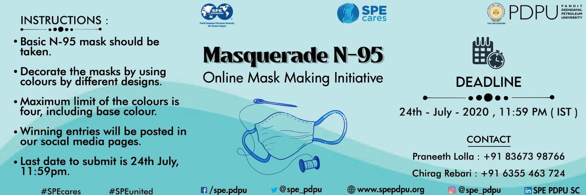 spe_pdeu's tweet photo. SPE PDPU is jubilant to organize Masquerade: Mask Making Initiative as a part of SPE Week 15.0. The event is open for everyone! So grab this opportunity and send your entries on the link in our bio.The best entries will be featured on our Social Media handles.
#SPEWeek
@SPEtweets https://t.co/4PF4AgEOE8