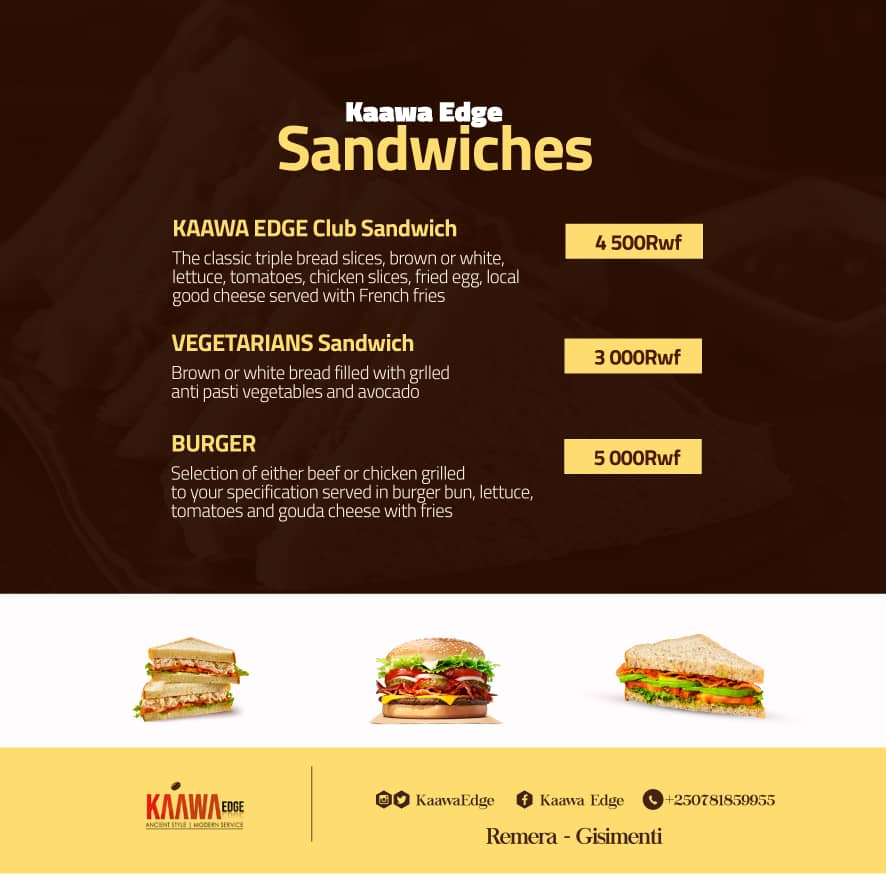 KaawaEdge's tweet photo. Where can you get the best burgers in town if not at #KaawaEdge? 
Please come to us today and kickstart your week on a rather bright note. Try out our sandwiches today and you'll keep coming back for more.
We are located at Gisementi between Redsky and 514 &amp; we deliver too. https://t.co/SF99ElxHXz