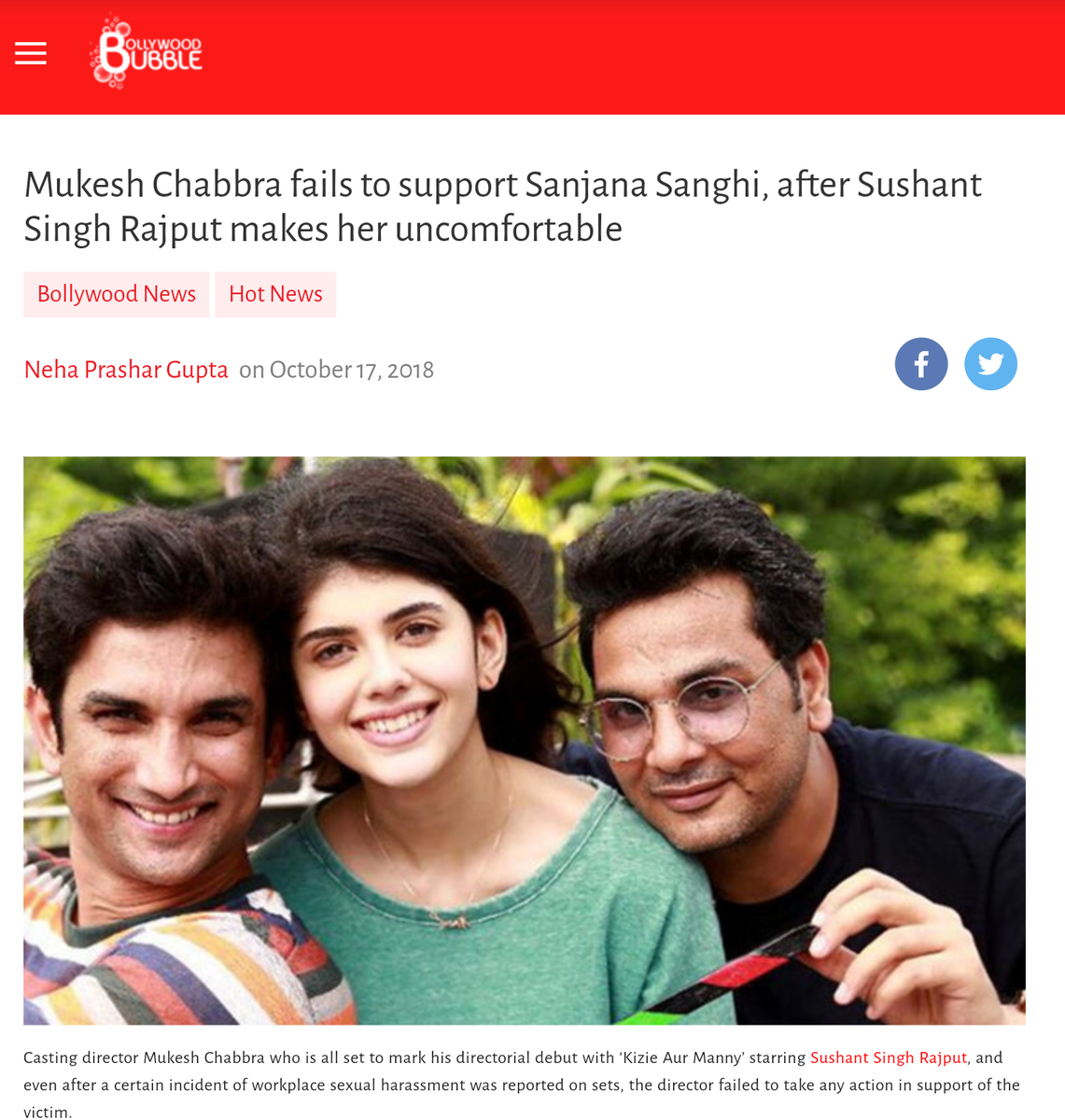 Then a mad mad media reportage, blind reports against Sushant Singh just based on this source from the sets followed. It reached its heights when another round of absolutely distasteful agenda driven reports surfaced again on Oct 17th 2018.Sanjana remained silent all along.