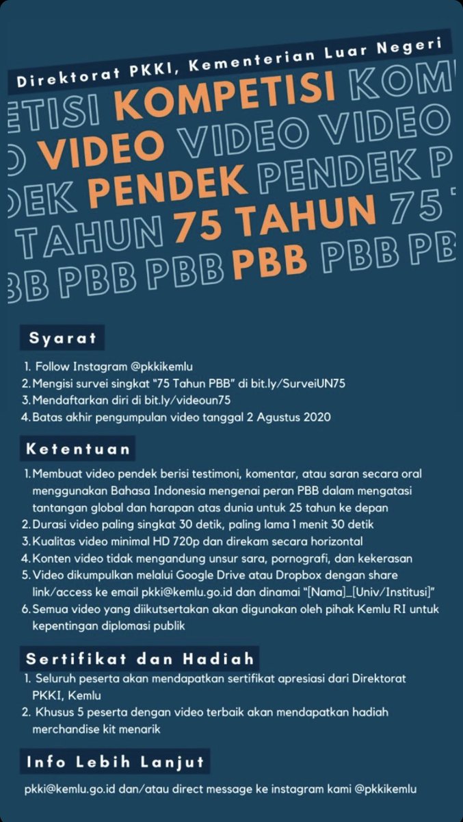 Hi #SahabatKemlu! Dalam rangka memperingati 75 tahun PBB, yuk berpartisipasi pada “Kompetisi Video Pendek 75 Tahun PBB”!

Cek syarat dan ketentuannya di bawah ini ya 👇

#IniDiplomasi #UN75