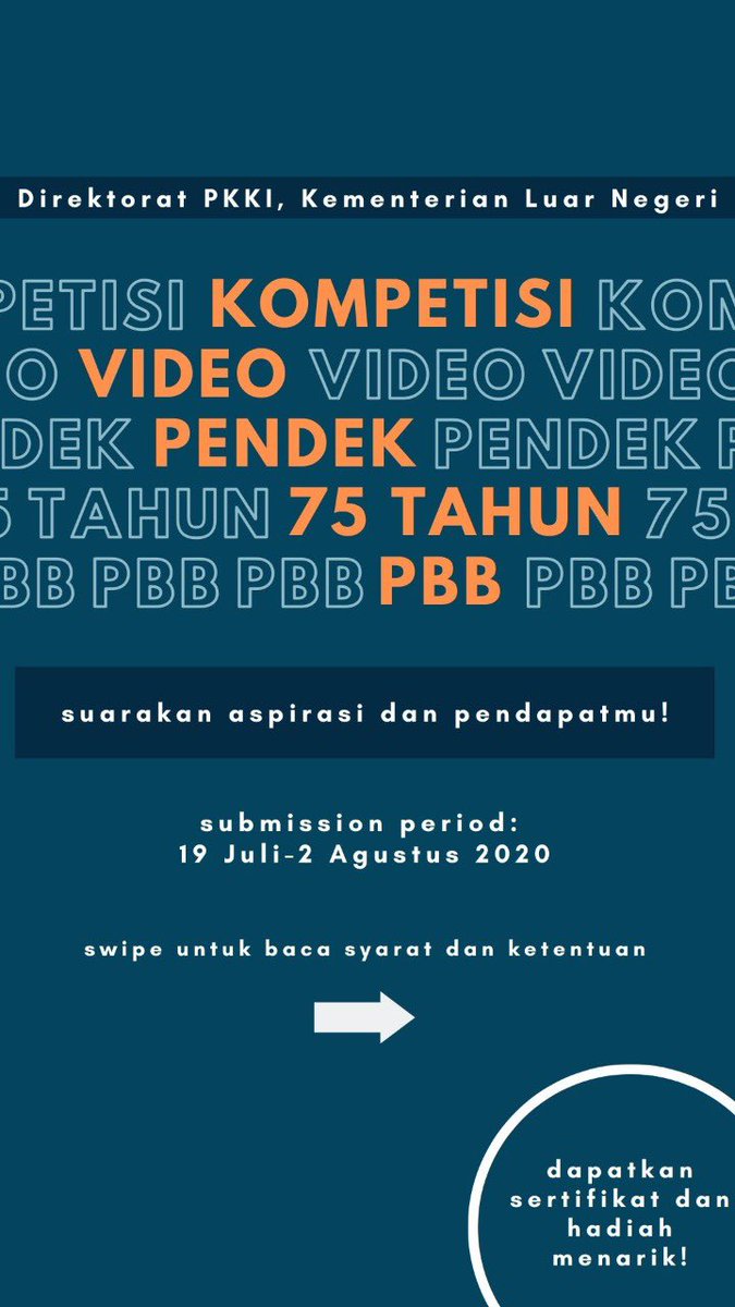 PKKIKemlu's tweet photo. Hi #SahabatKemlu! Dalam rangka memperingati 75 tahun PBB, yuk berpartisipasi pada “Kompetisi Video Pendek 75 Tahun PBB”!

Cek syarat dan ketentuannya di bawah ini ya 👇

#IniDiplomasi #UN75 https://t.co/yT1IUocz6Y