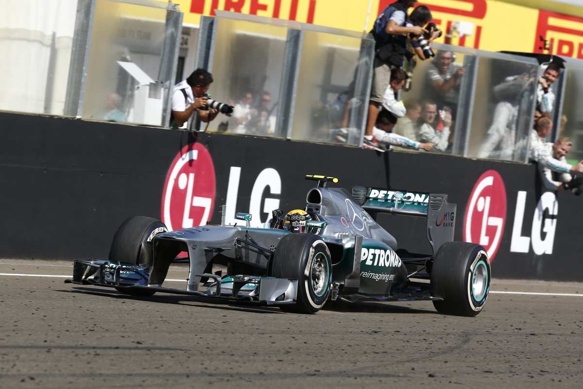 MercedesAMGF1's tweet photo. The start of something special ❤️ Throwback to 2013 and our first win together with @LewisHamilton right here at the Hungaroring! 🏆 https://t.co/ktnkx2K0ph