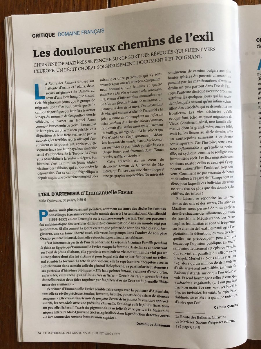 So chic ! Merci à Camille Cloarec pour sa belle et sensible recension sur La route des Balkans dans Le Matricule des Anges ⁦<a href="/CamilleCloarec/">Camille Cloarec</a>⁩ ⁦@wespieser⁩ #litterature #réfugiés #Europe