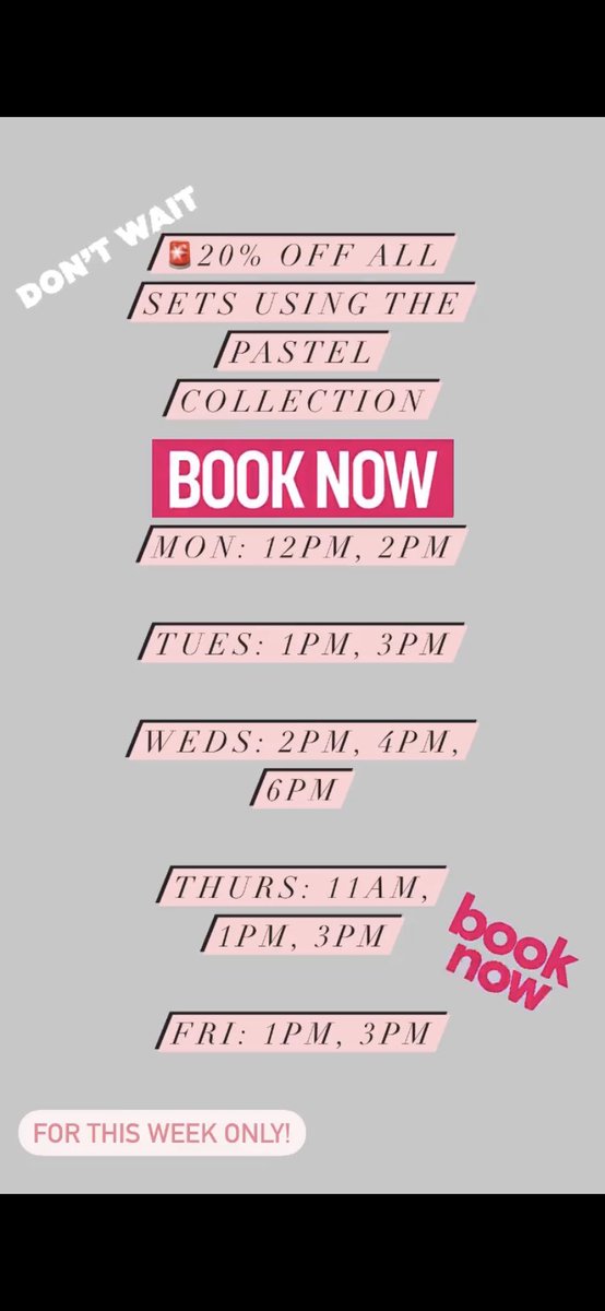 nails_scorpio's tweet photo. 🚨PASTELS ARE IN!!

Please find below the pastel colours available and this week’s appointment slots!

The 20% off deal is for this week only (acrylic toes not inc)

Bookings &amp; enquiries are to be made via DM’s (twitter or IG @ scorpio__nails  link: https://t.co/ekrkykXDYY) https://t.co/xjE7CEiWol