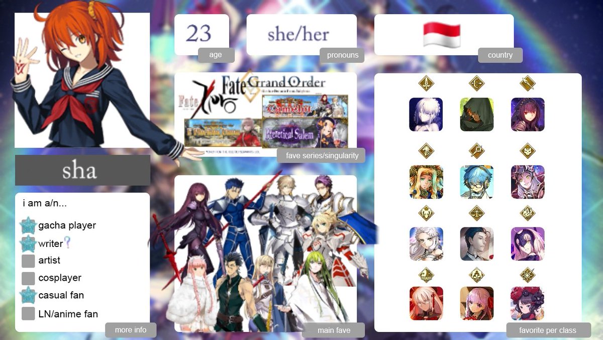 jjyuodscript's tweet photo. i tried making this #fgointro thingy... um... i'm having a hard time picking faves cause i fall in love with characters too easily ;; (that fgo logo thing is babylonia lol. it's blurry but i'm too lazy to redo it) https://t.co/FlIPxfp8gI