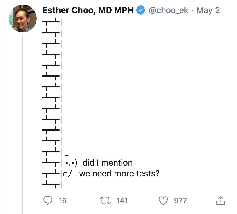 May 2. Another month, same sentiment. Even as states moved ahead with reopening plans, expanding testing capacity was limited by deficiencies at every level: supplies, equipment, staff, PPE for staff.